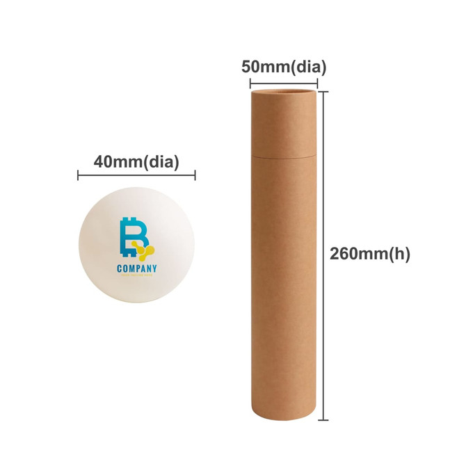 A table tennis ball set featuring six white balls and a cylindrical brown cardboard storage tube.