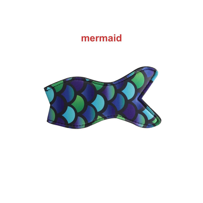 A colourful Icy Pole Holder in shades of blue and green featuring a mermaid scale design, with a branding logo.
