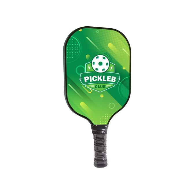 A green and black pickleball paddle with a logo and geometric designs on the surface.