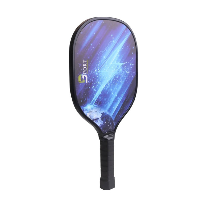 A wooden pickleball paddle with a blue and black design, featuring a textured handle and a logo.