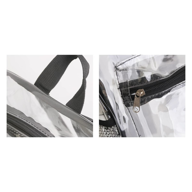 A transparent backpack in clear material with a black zipper and strap details, featuring a small zippered pocket.