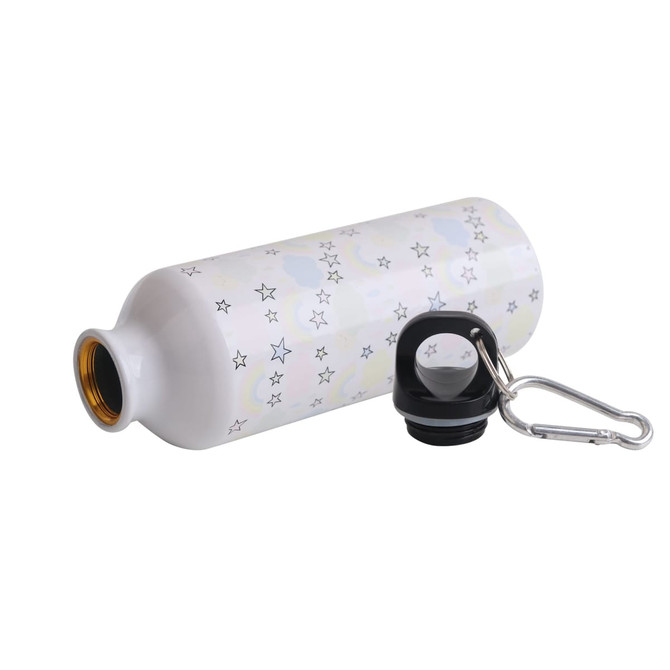 A drink bottle in white, featuring a star pattern, with a black lid and carabiner attached.