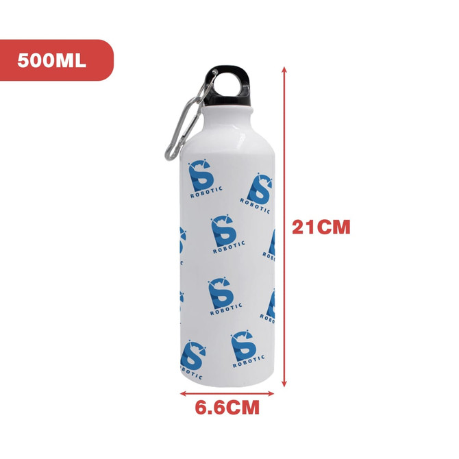 A drink bottle featuring a white design with blue branding, measuring 21cm in height and 6.6cm in diameter.