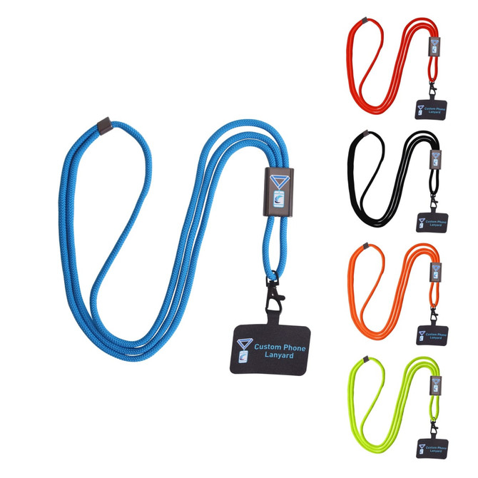 An adjustable phone lanyard in blue with a metal buckle, alongside options in orange, black, red, and green.