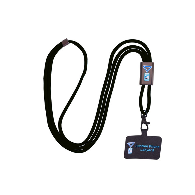 A black adjustable phone lanyard with a metal buckle and a logo attached.
