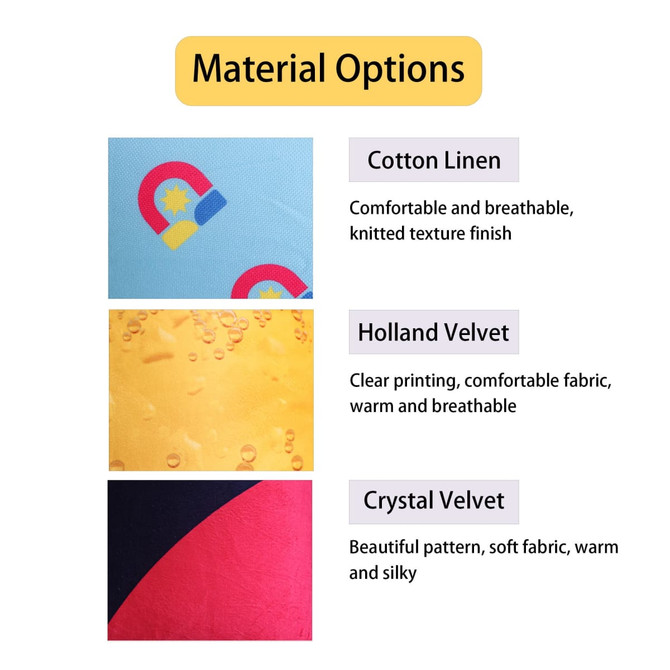 Material options for a square cushion include cotton linen, holland velvet, and crystal velvet, featuring various textures and colours.