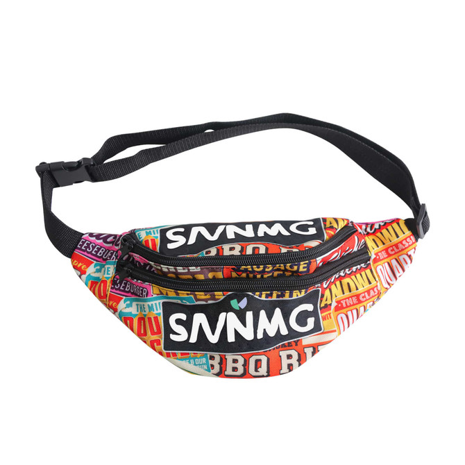 A vibrant full colour bum bag featuring a mix of bold patterns and a logo, with an adjustable strap.