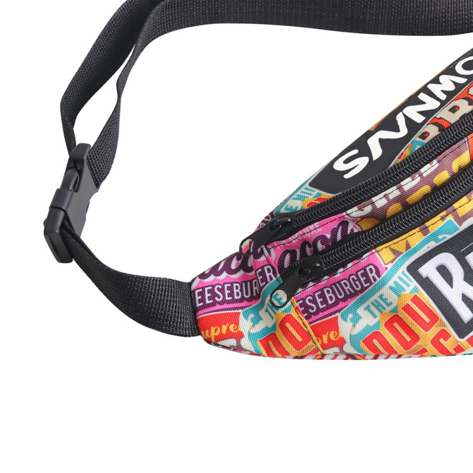 A colourful bum bag with a variety of vibrant patterns and a black strap. Includes zippers for storage.