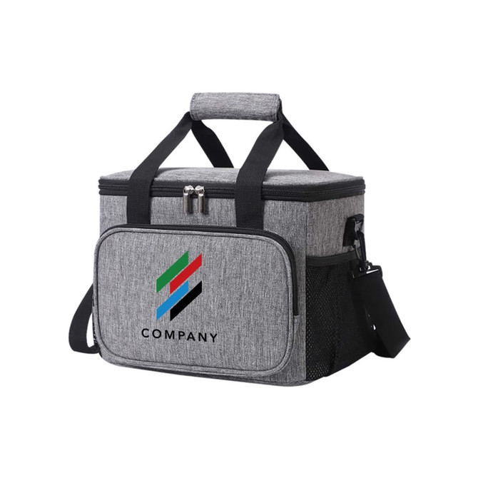 A grey cooler bag with a handle, zip closure, and a mesh side pocket. It has a logo on the front.