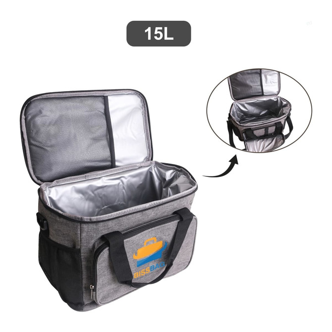A grey cooler bag with a silver interior, featuring a logo and a zippered opening. It has handles for easy carrying.