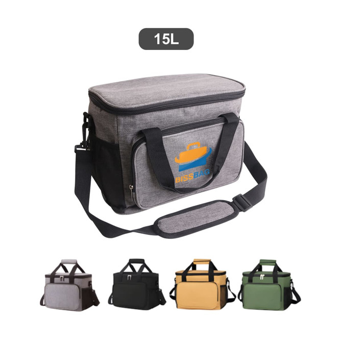 A grey cooler bag with a shoulder strap and four colour options displayed below. Features a logo on the front.