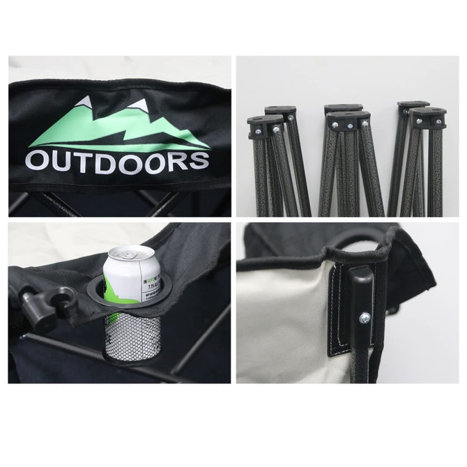 A foldable portable camping chair in black and beige, featuring a drink holder and a logo. The legs are neatly folded.