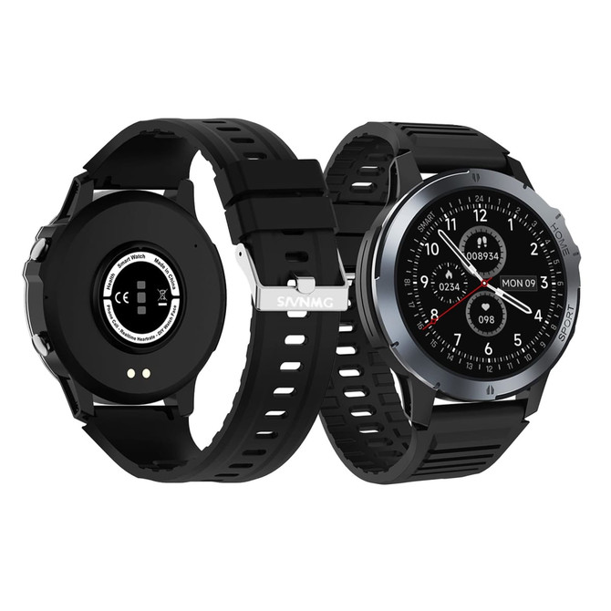 A round smart watch with a black silicone strap and a silver bezel, featuring a digital display and a back view.