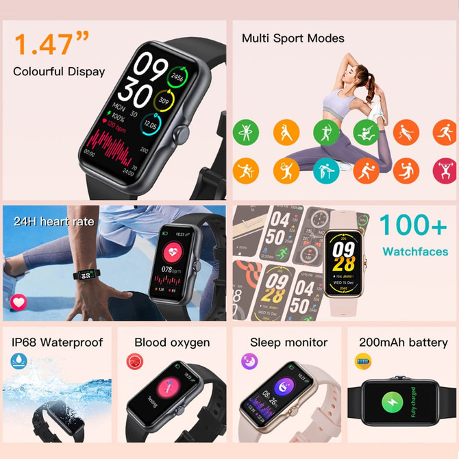 A 1.47-inch square smart band in black and white, featuring a colourful display and various sports modes.