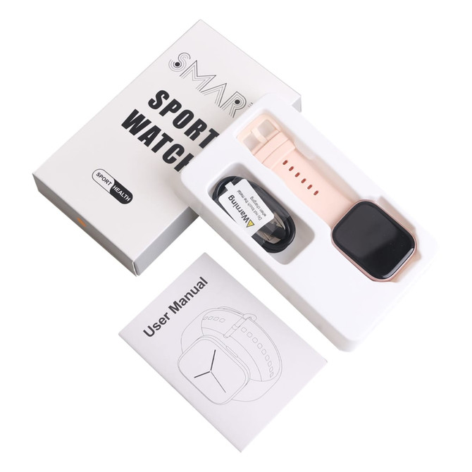 A square smart watch in black with a pink strap, packaged in a box with a user manual underneath.