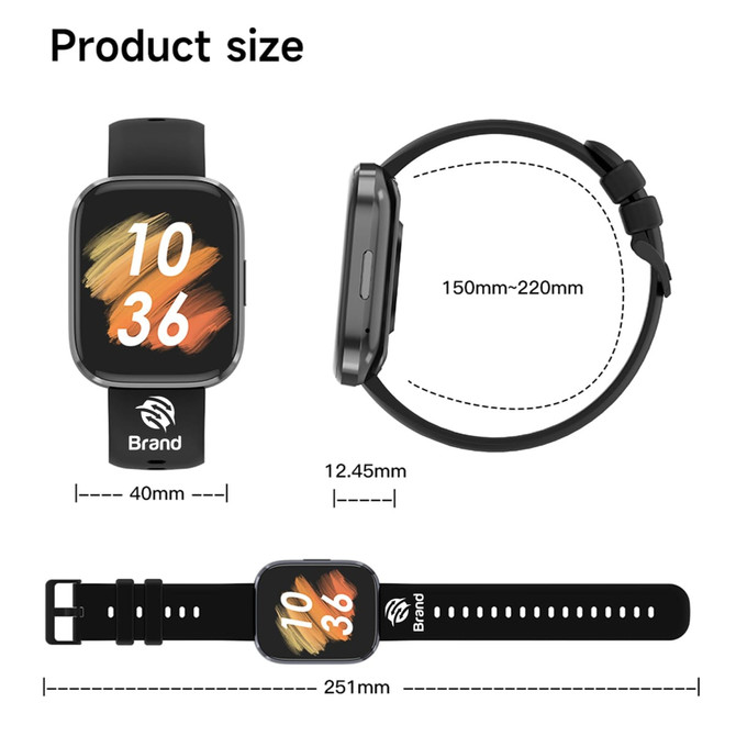 A square smart watch in black with a colourful digital display and adjustable strap. It includes a logo.