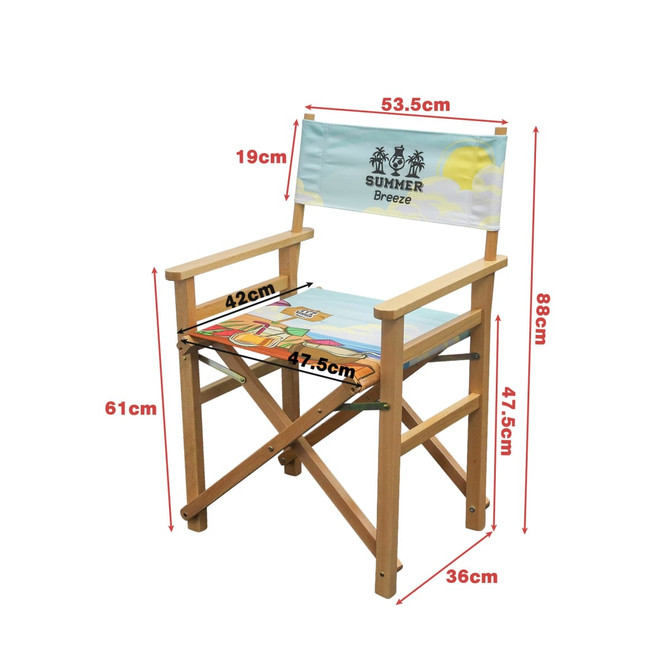 A director's chair with a light blue seat and backrest, featuring a logo and wooden frame. Measurements included.