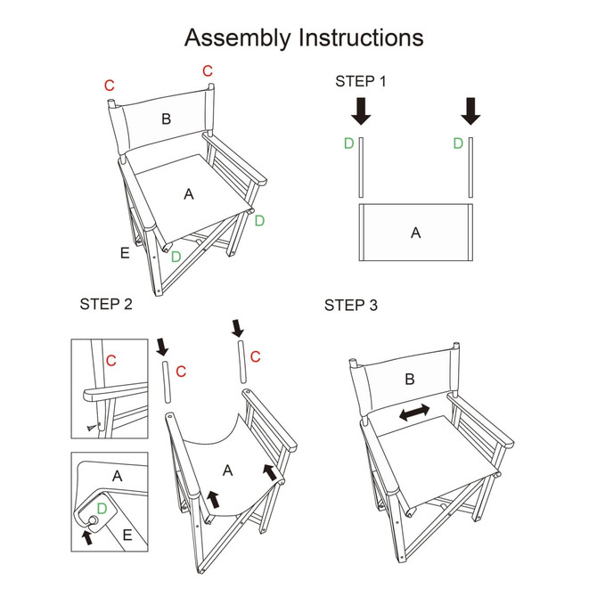 Assembly instructions for a wooden director's chair, featuring labelled parts A, B, C, D, and E.