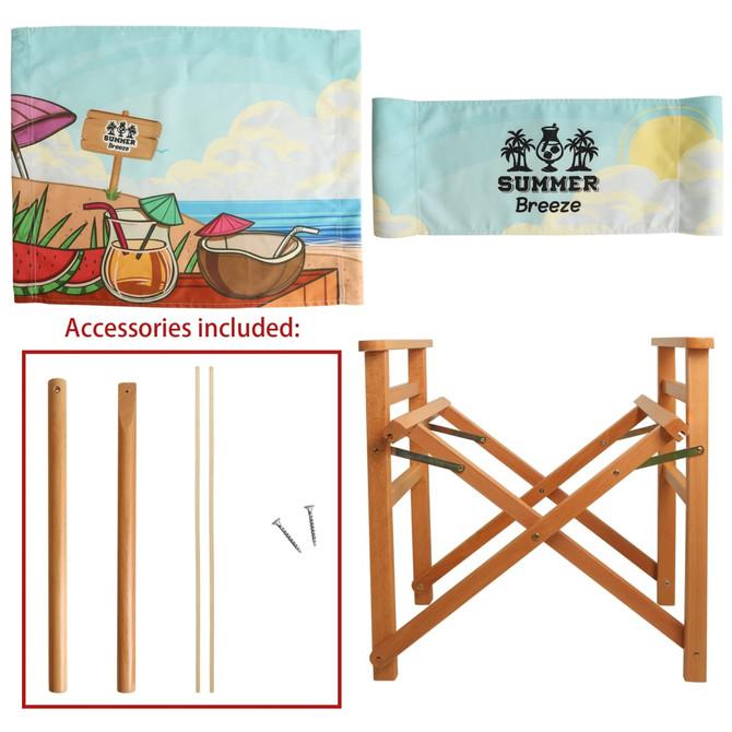 A wooden director's chair frame in natural colour, accompanied by fabric panels and accessories including poles and screws.