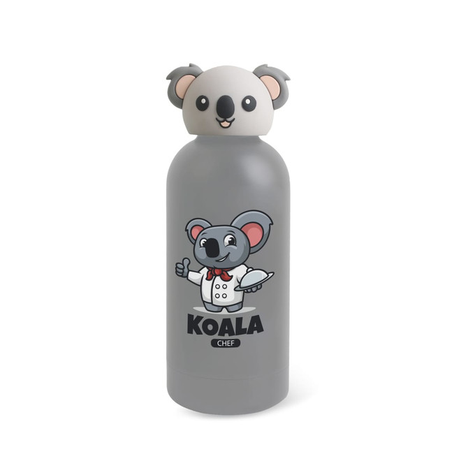 A drink bottle in grey featuring a koala head lid and a cartoon koala design with a chef outfit.