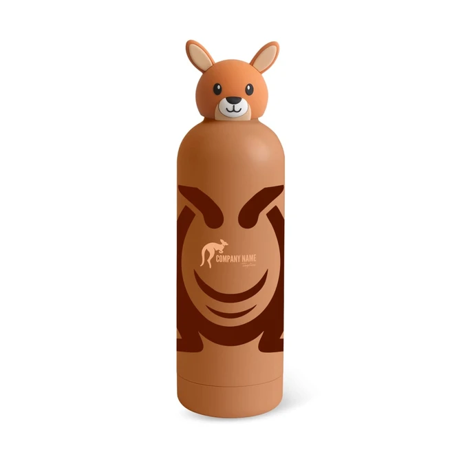 A drink bottle in brown with a kangaroo head lid and a design featuring a kangaroo. It has a logo.