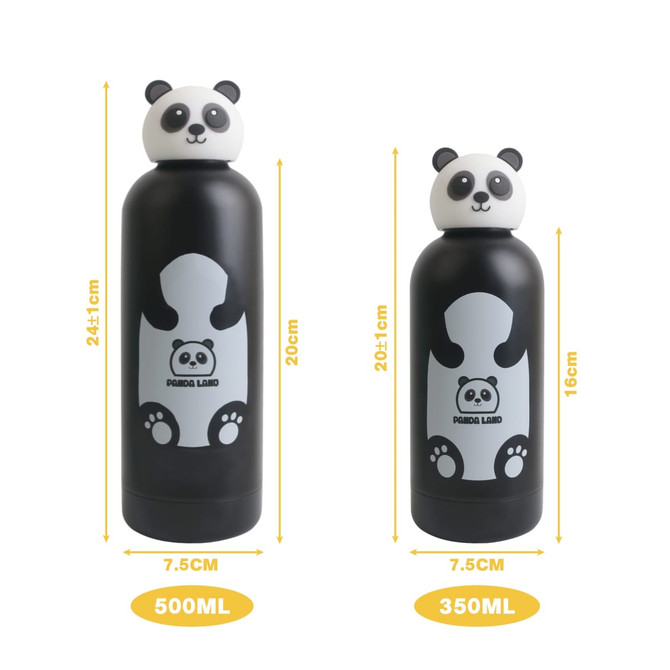 A drink bottle featuring a black body with a panda head cap, available in two sizes: 350ml and 500ml.