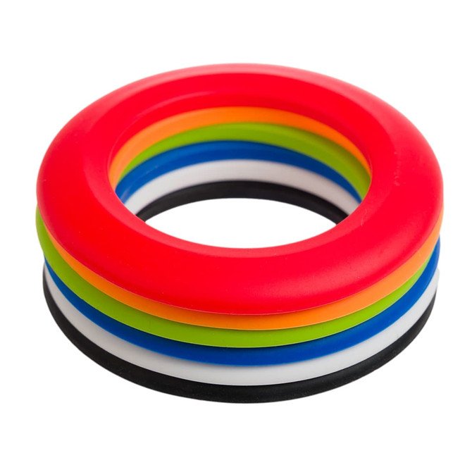 A silicone flyer featuring a vibrant stack of rings in red, green, blue, yellow, white, and black.
