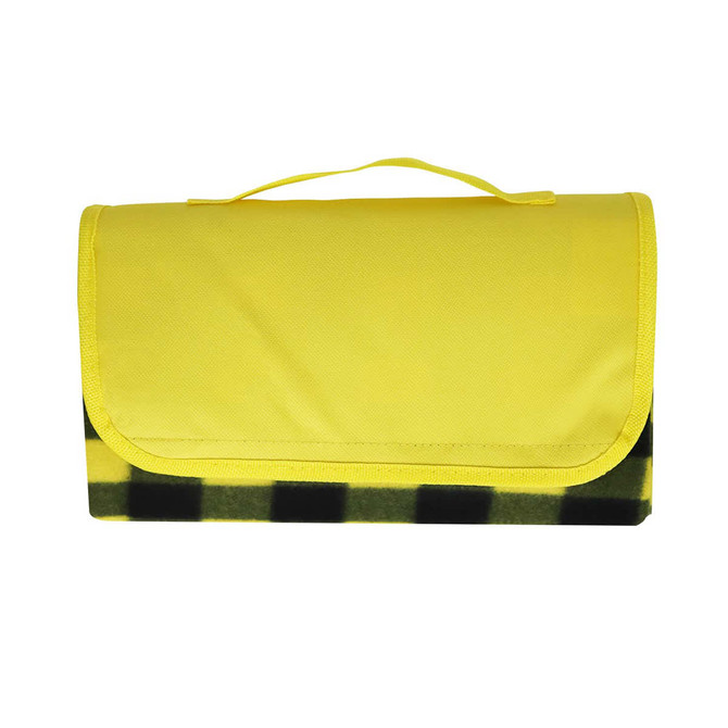 A yellow picnic blanket with a black and yellow checkered pattern, featuring a carrying handle on top.