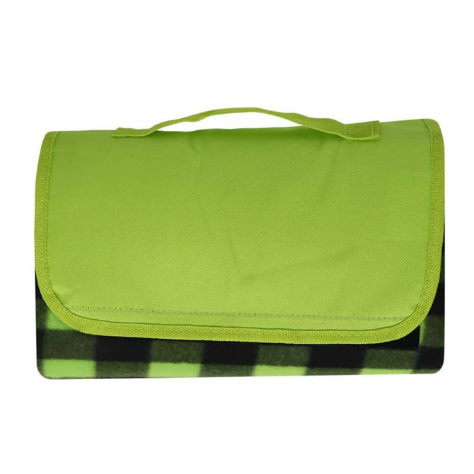 A green picnic blanket with a black and green checkered pattern, featuring a fold-over flap and carrying handle.