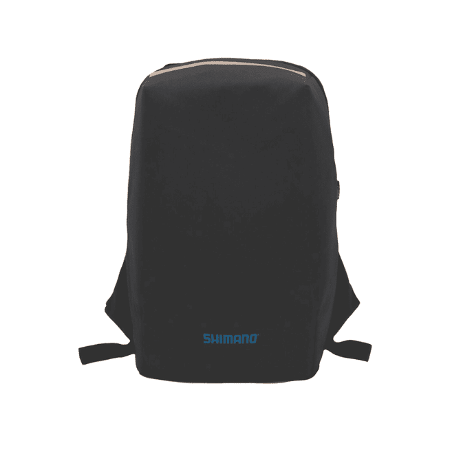 A black computer backpack with adjustable straps and a logo on the front.