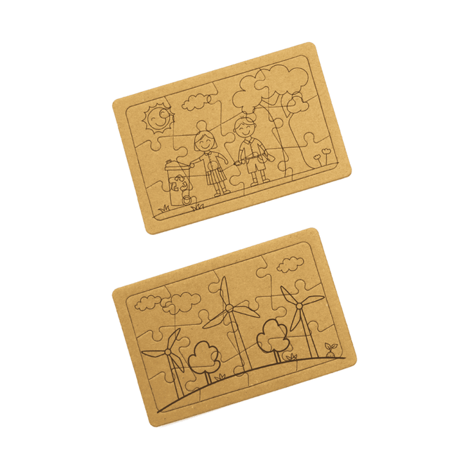 A jigsaw puzzle set featuring two eco-friendly, brown cardboard puzzles with outlines of children and nature scenes.