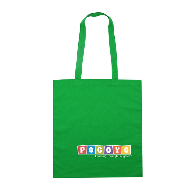 A green tote bag with two straps and a logo featured at the bottom.