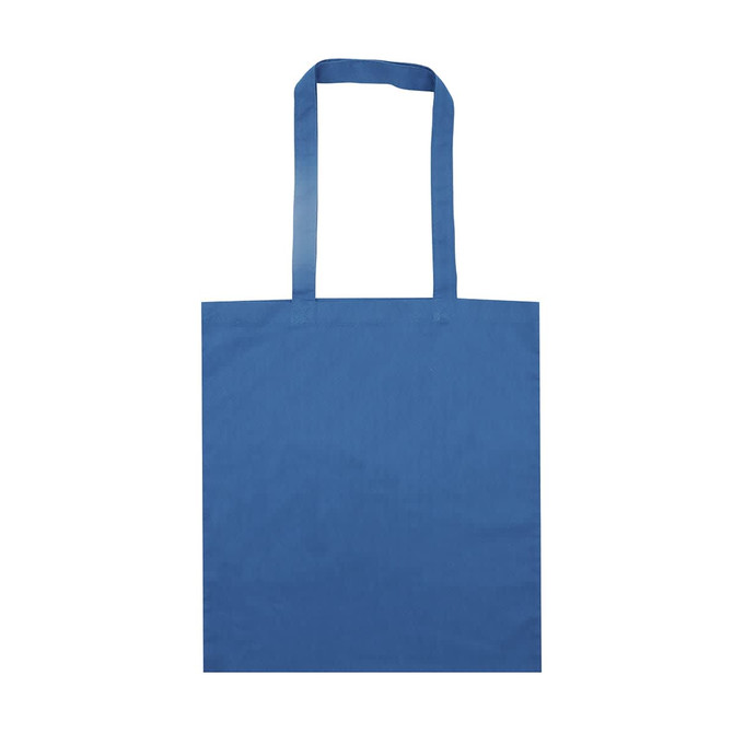 A blue tote bag with long handles, featuring a plain design and no visible logos or text.