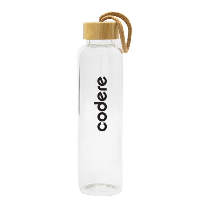 A drink bottle with a clear body, wooden cap, and a rope handle, featuring a logo.