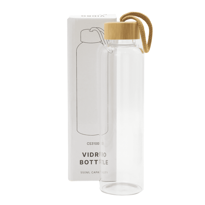 A drink bottle made of clear glass with a bamboo lid and a rope attachment, packaged in a box.