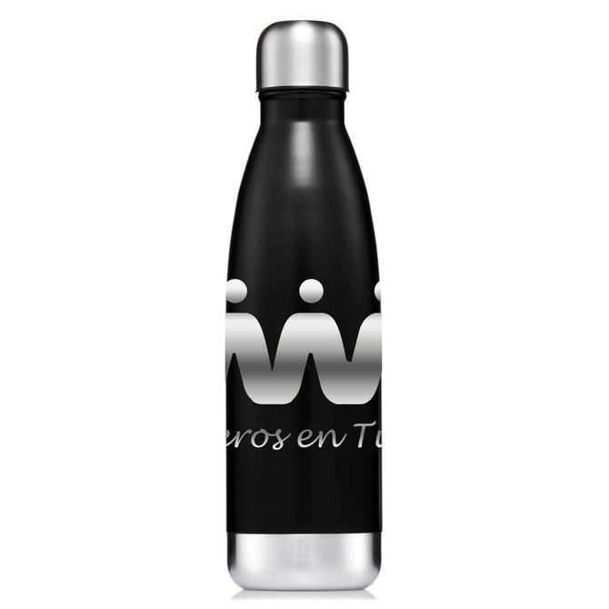 A drink bottle in black stainless steel with a metallic silver cap and a logo on the side.