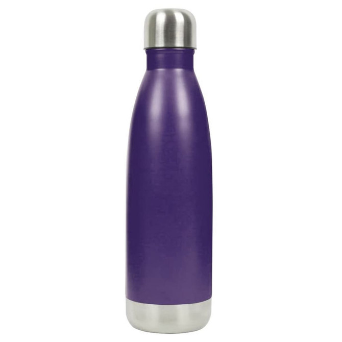 A drink bottle in a rich purple shade with a stainless steel cap, featuring a smooth, sleek design and a logo.