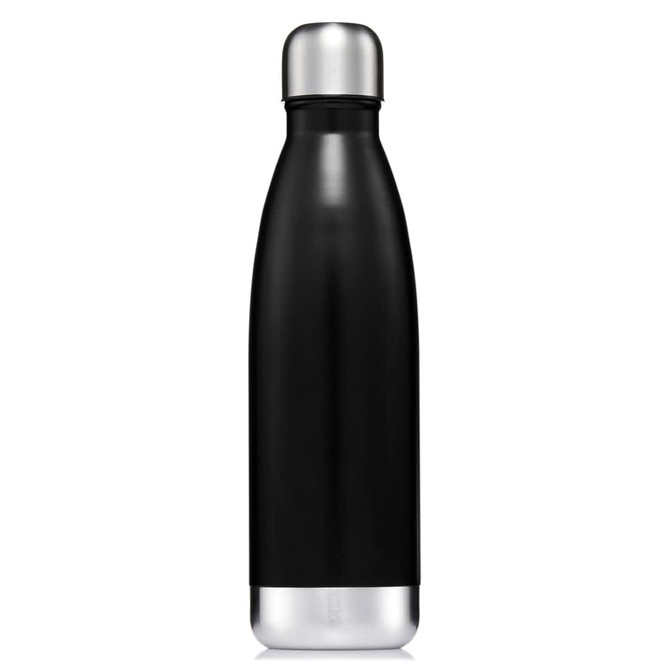 A drink bottle in black with a stainless steel top, featuring a sleek design and a logo.