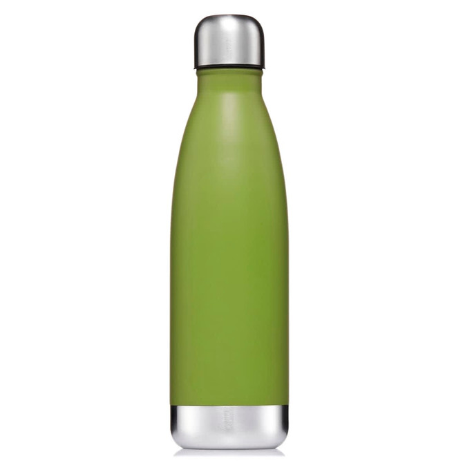 A drink bottle in a matte green finish with a stainless steel top and base, featuring a logo.