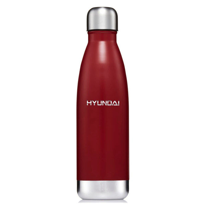 A drink bottle in a deep red colour with a sleek stainless steel base and a logo.