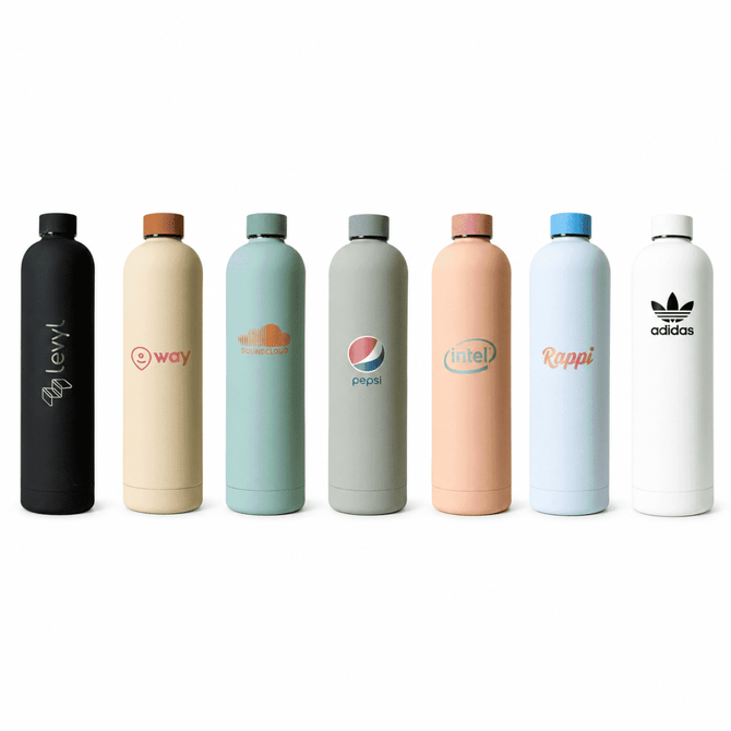A drink bottle collection featuring various colours: black, soft pink, mint green, light blue, and peach, with logos.