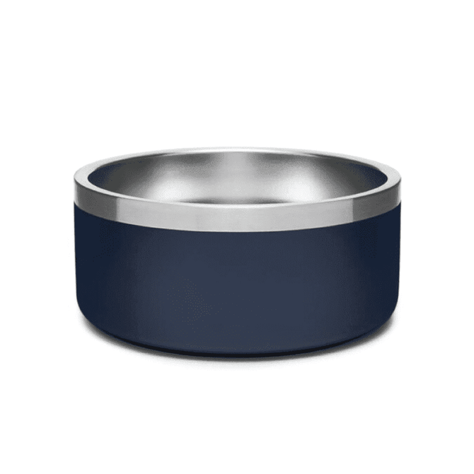 A navy blue pet bowl with a shiny stainless steel interior and a smooth exterior. It features a branding logo.