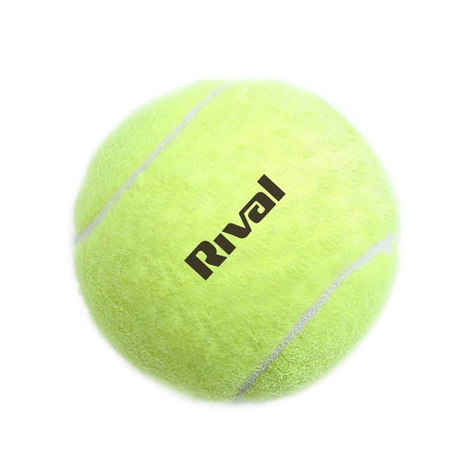 A bright yellow pet tennis ball with white stripes and a logo.