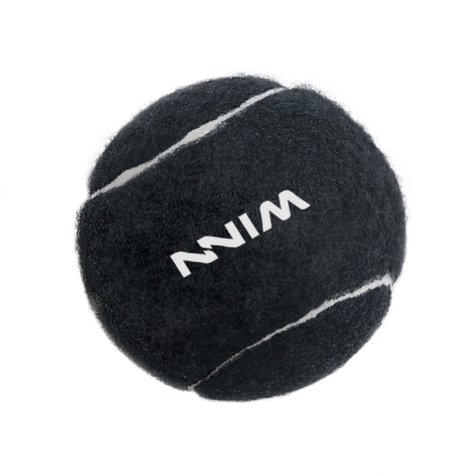 A black tennis ball with white stripes and a logo. The ball has a fuzzy texture typical of tennis balls.