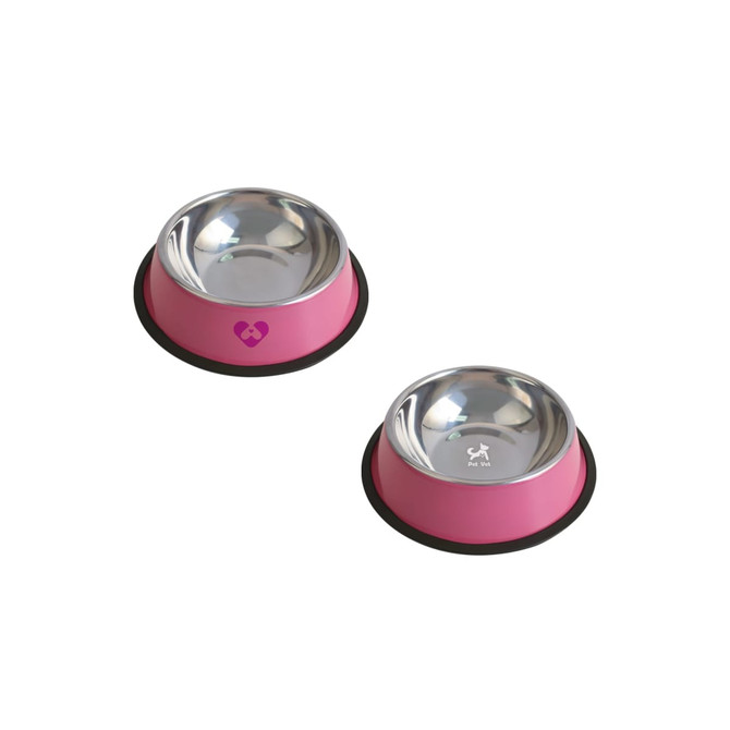 A pink pet feeding bowl with a stainless steel interior and a rubber base, featuring a logo on the side.