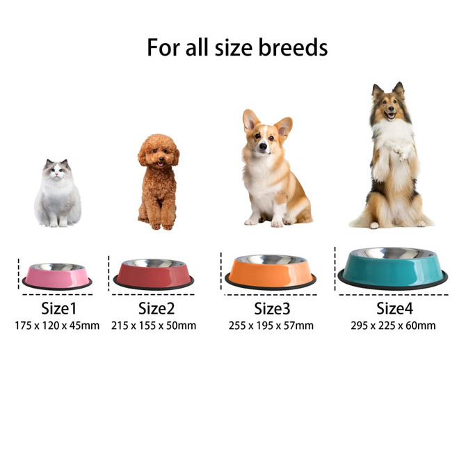 A set of pet feeding bowls in various sizes and colours, featuring an inner stainless steel surface and a logo.