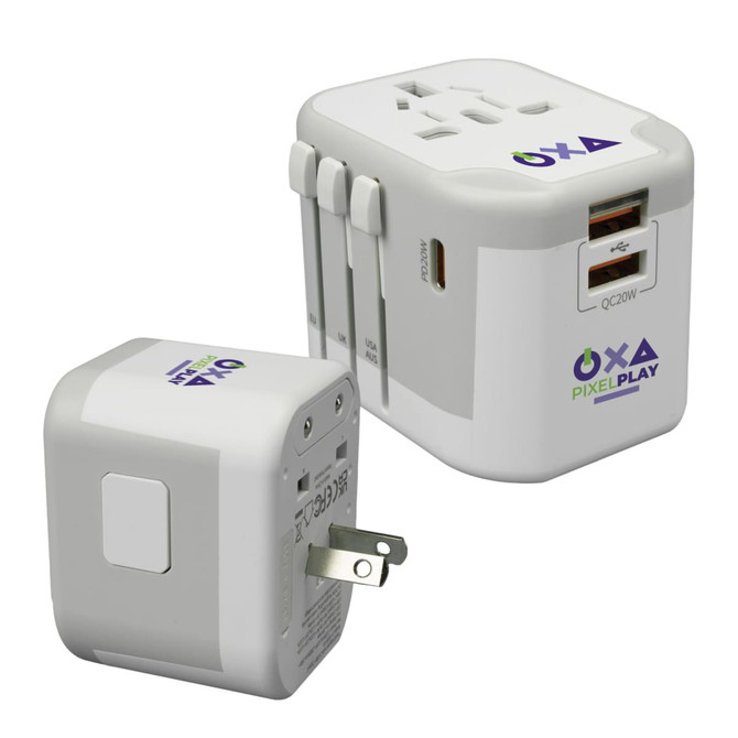 A white travel adaptor with multiple plug configurations and USB ports, featuring a logo on its surface.