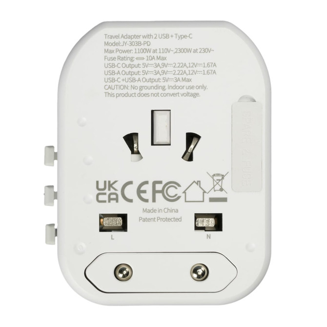 A white travel adapter with two USB ports, a Type-C port, and a UK plug design. It features electrical specifications on the body.