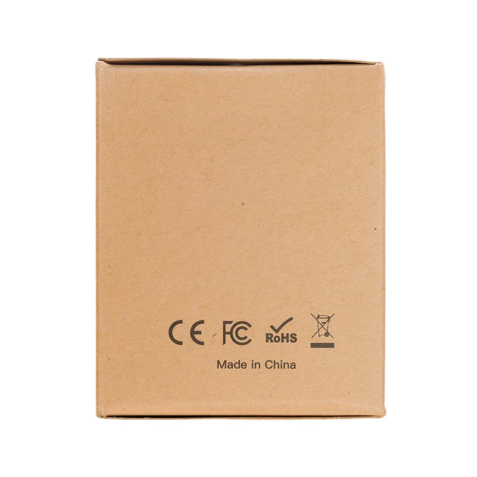 A travel adaptor packaged in a plain cardboard box, featuring certification marks and the text "Made in China."
