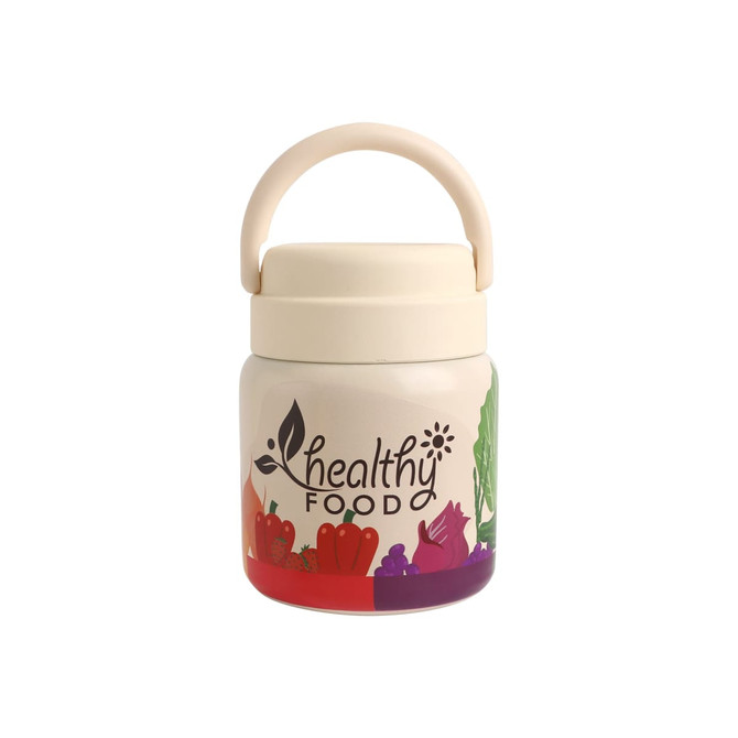 A stainless steel vacuum insulated food jar in cream colour, featuring a handle and decorative graphics.